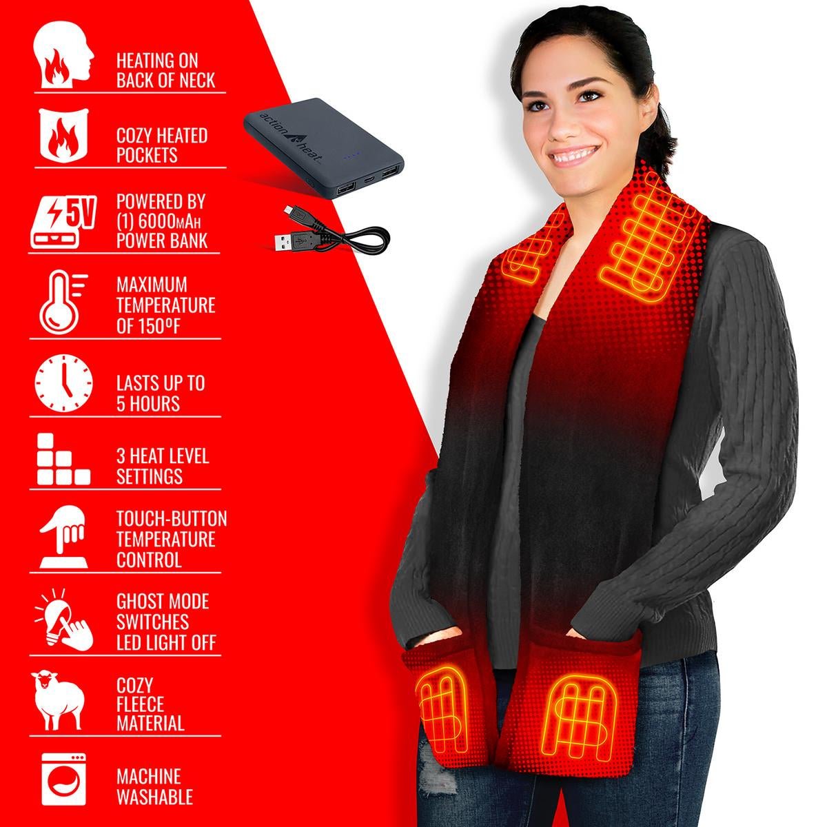 Saip 5V Battery Heated Fleece Scarf with Pockets - Image 6