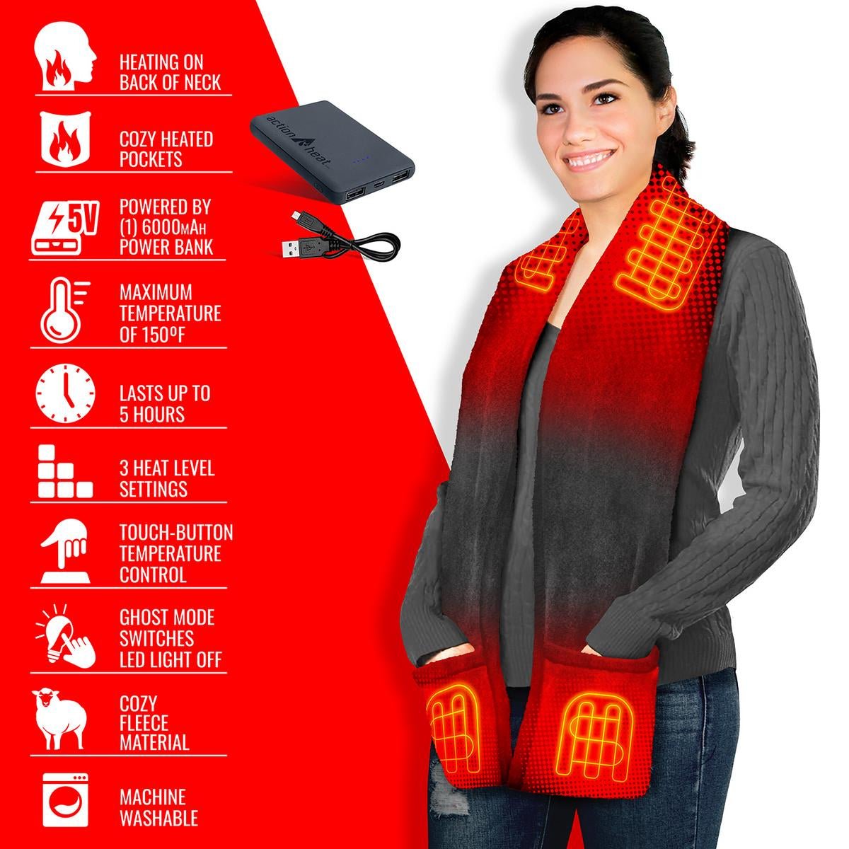 Saip 5V Battery Heated Fleece Scarf with Pockets - Image 14