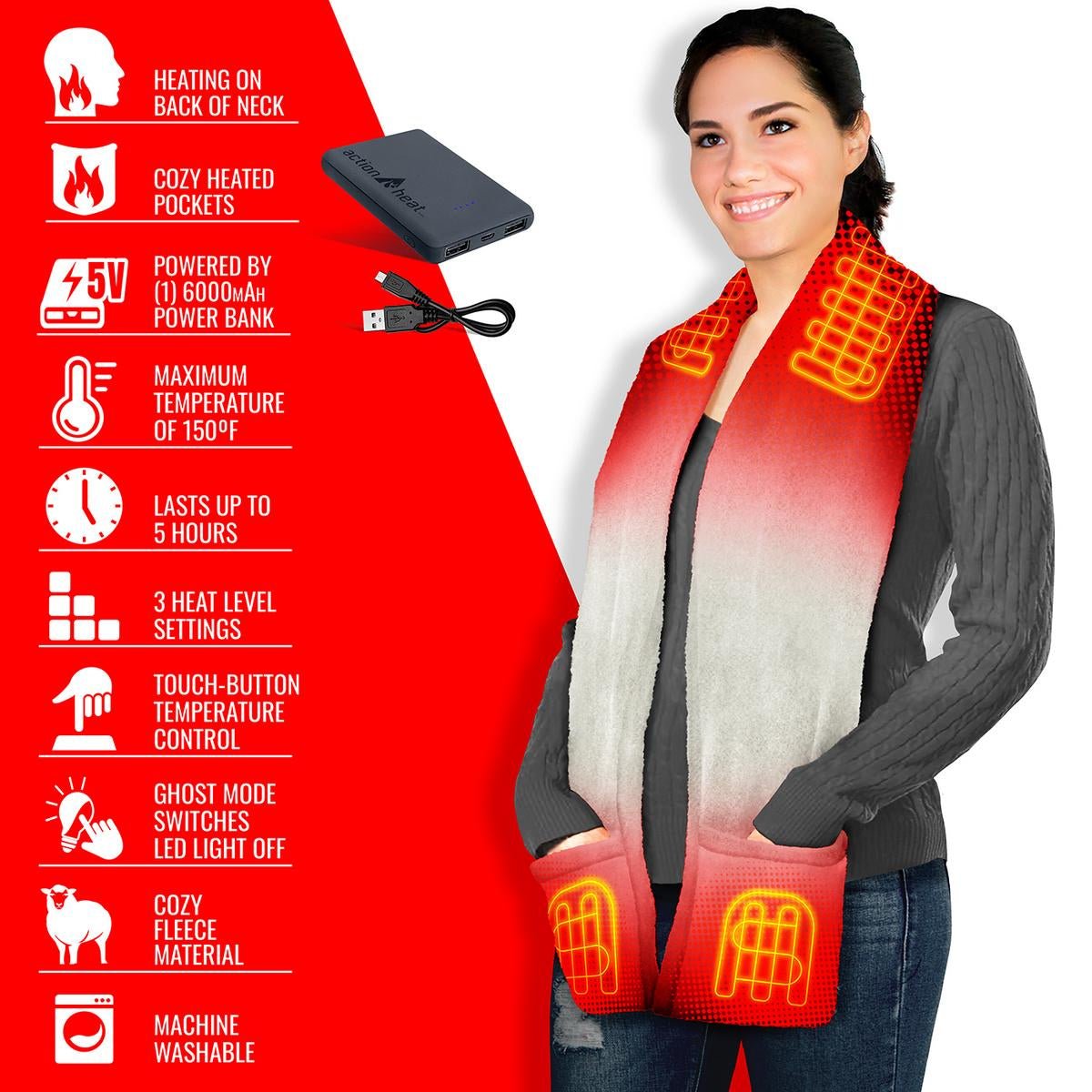 Saip 5V Battery Heated Fleece Scarf with Pockets - Image 29