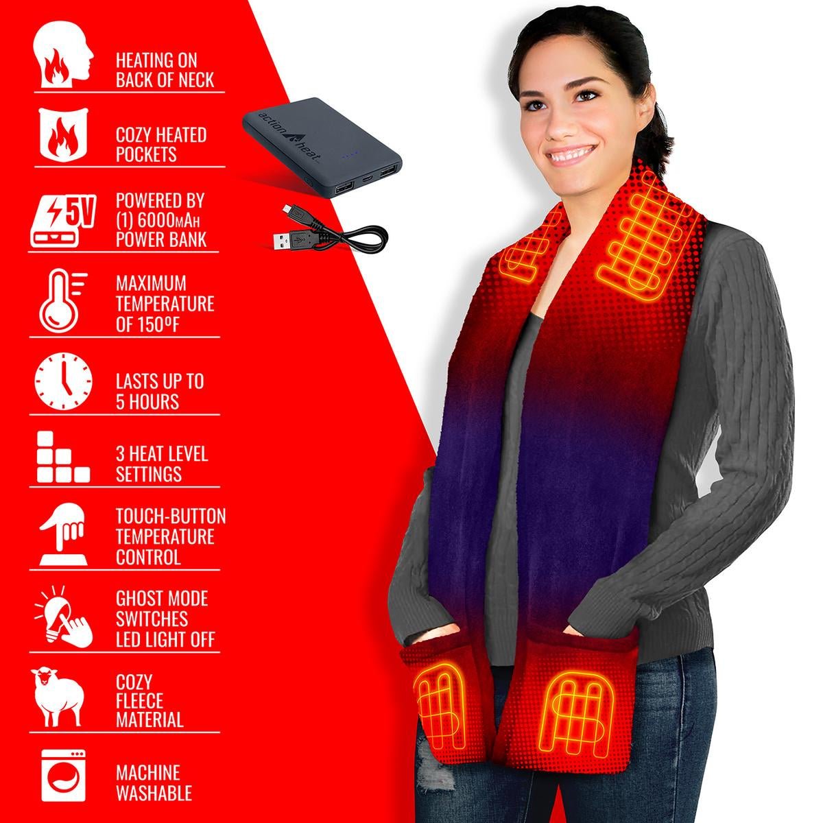 Saip 5V Battery Heated Fleece Scarf with Pockets - Image 24