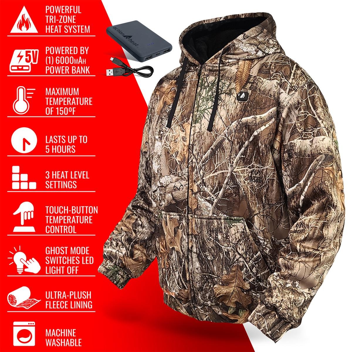 Saip 5V Battery Heated Hunting Hoodie Jacket - Camouflage - Image 4