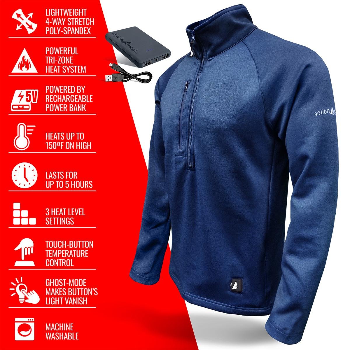 Saip 5V Men's 1/2 Zip Pullover Battery Heated Shirt - Image 4