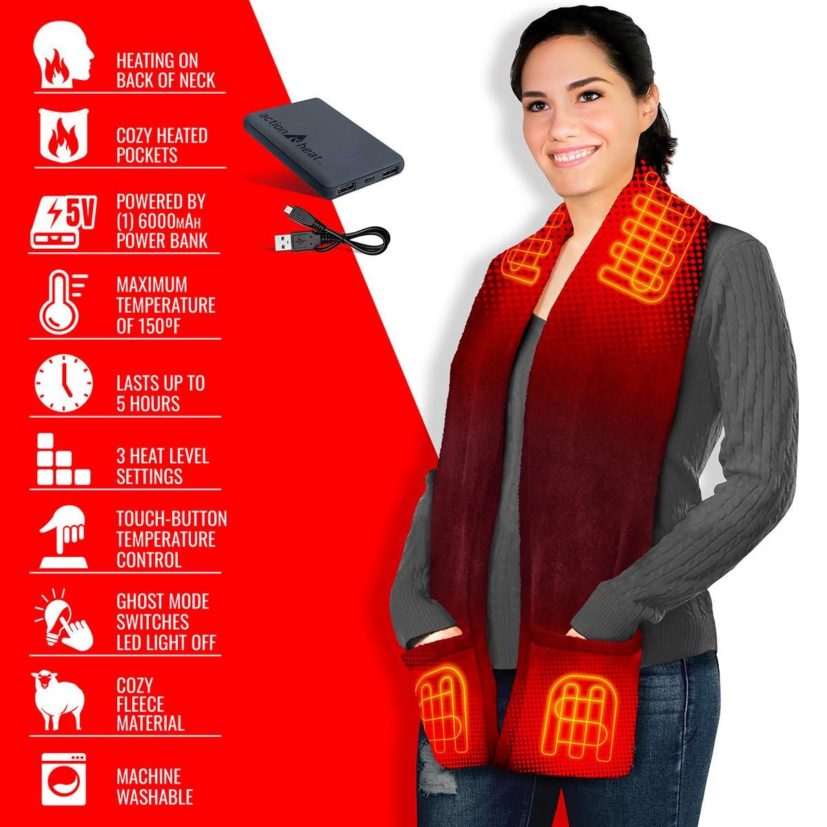 Saip 5V Battery Heated Fleece Scarf with Pockets - Image 19